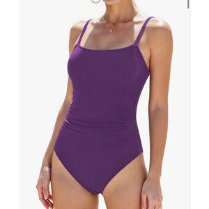 NEW 1 Pc Swimsuit Square Neck Ruched Waist Adjustable Straps Full Coverage L